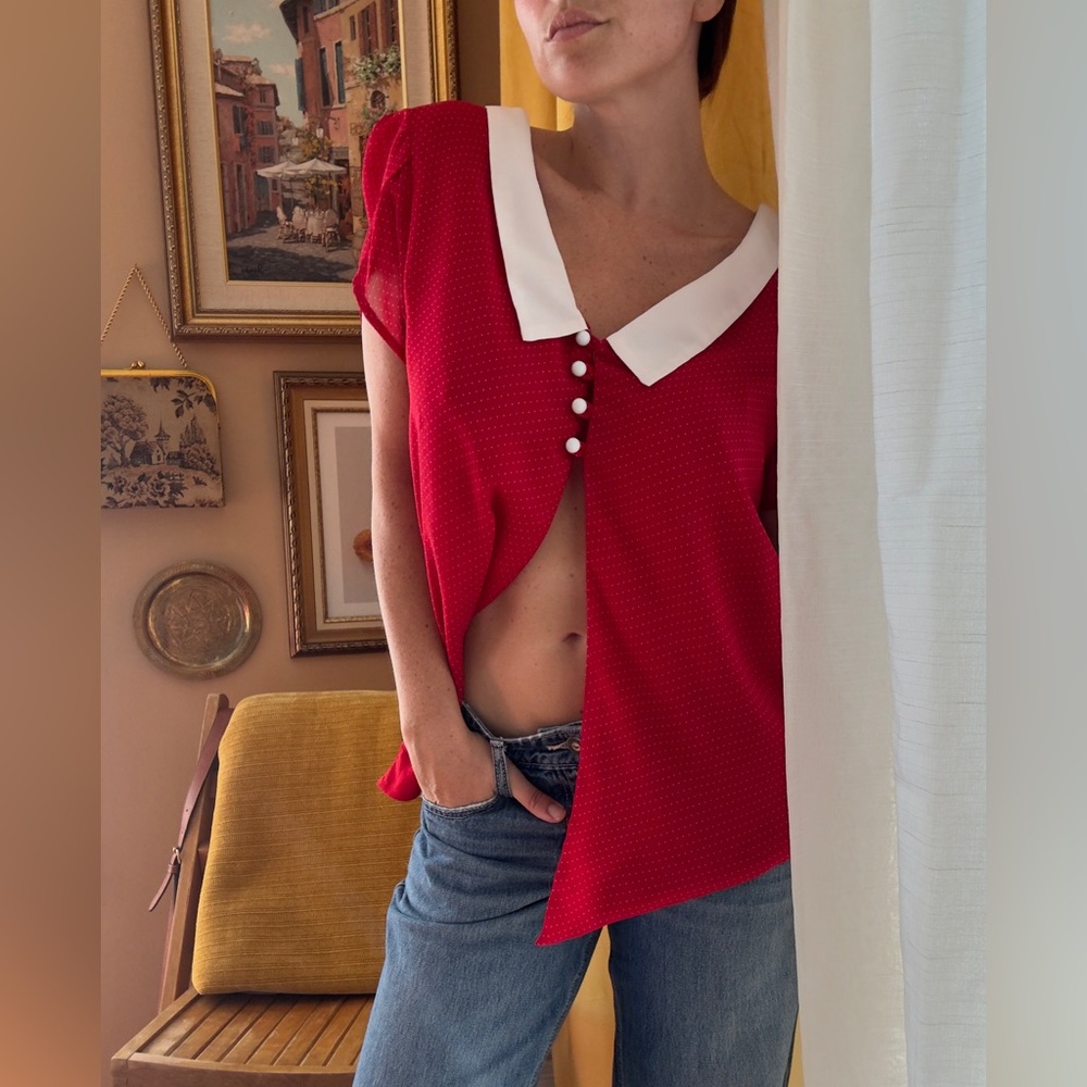 Vintage Red Blouse with White Collar